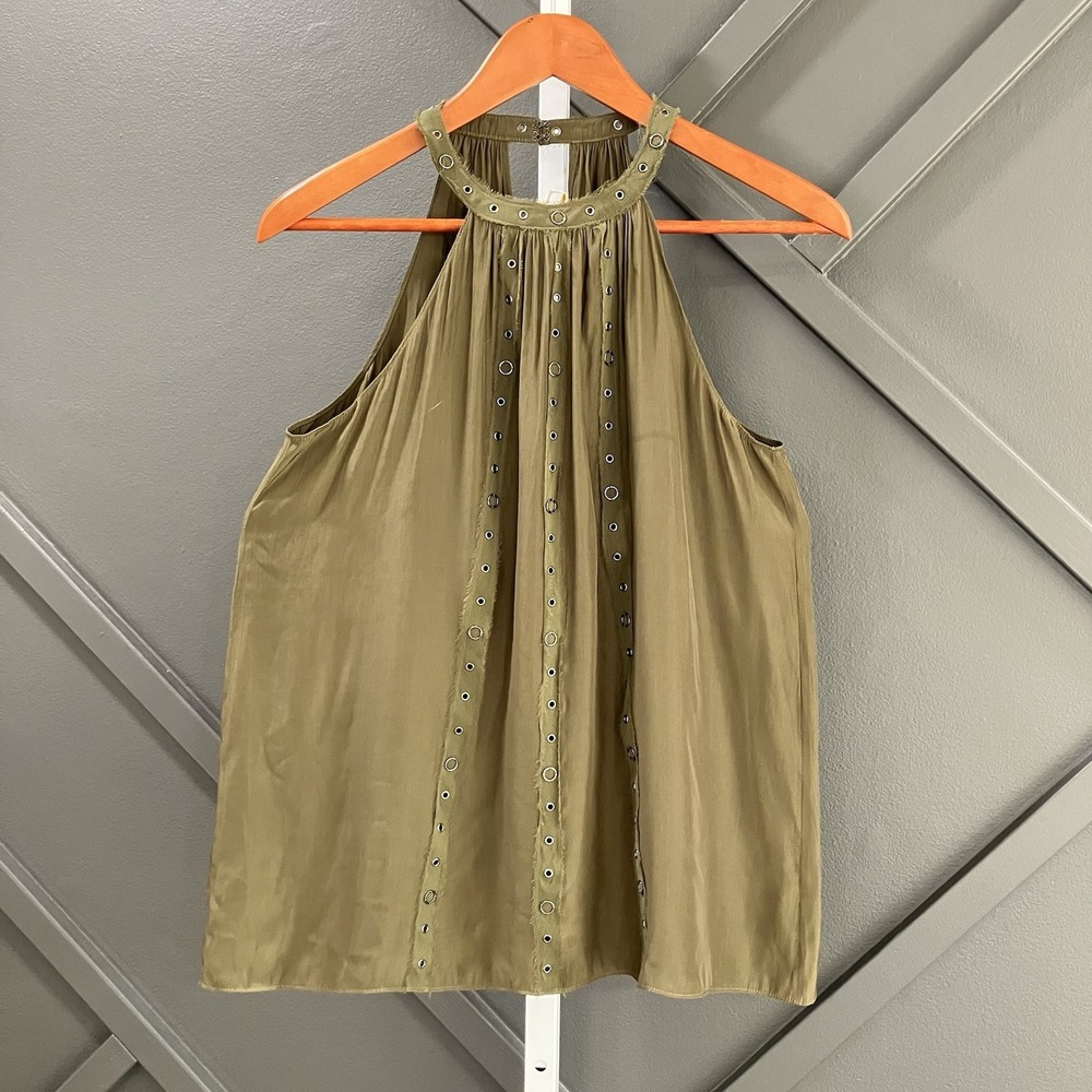 Ramy Brook Top Womens Size S Olive Silk Halter Grommet Embellished Sleeveless